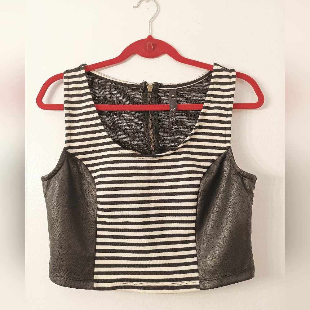 Jessica Simpson Black And White Striped Leather Panels Cotton Crop Top Size M